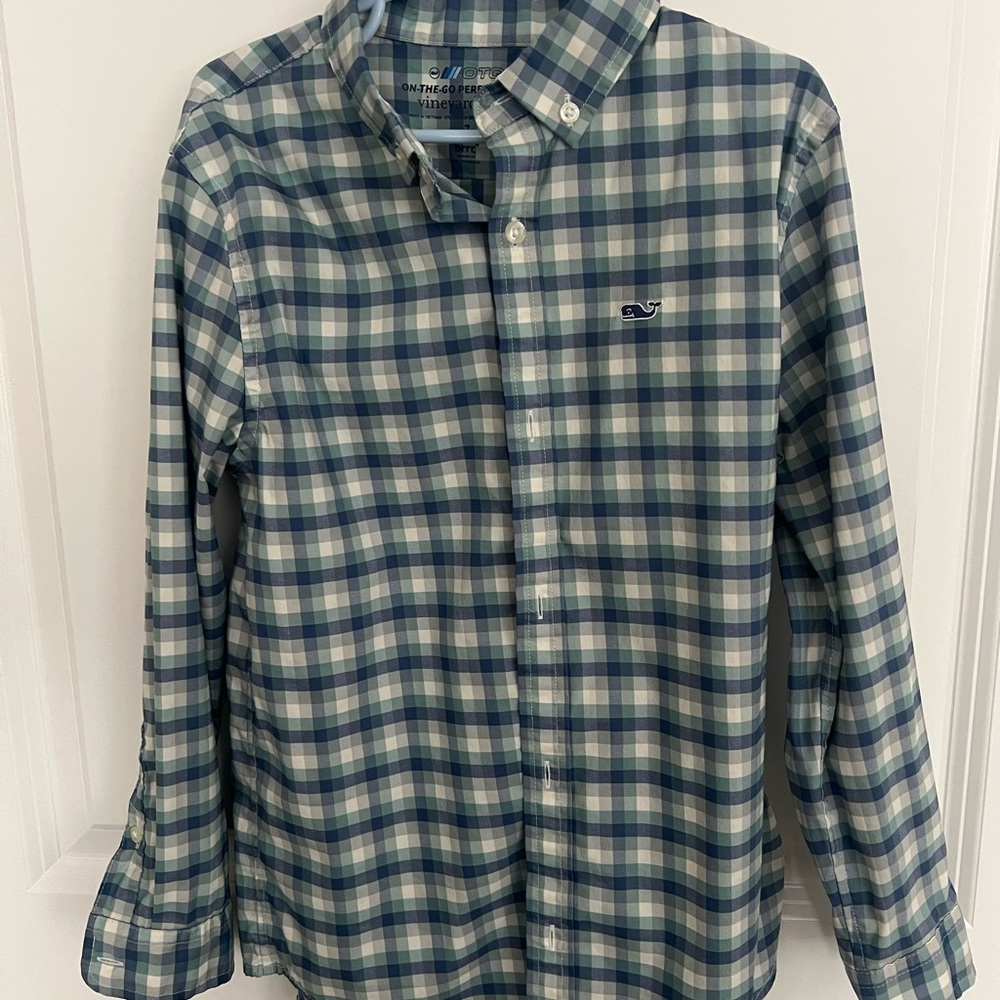 Vineyard Vines Boys Green and Blue Check button down Shirt